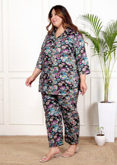 Plus Size Black Cotton Blend Floral Print Co-ord Set -1200040