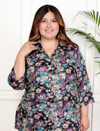 Plus Size Black Cotton Blend Floral Print Co-ord Set -1200040
