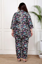 Plus Size Black Cotton Blend Floral Print Co-ord Set -1200040