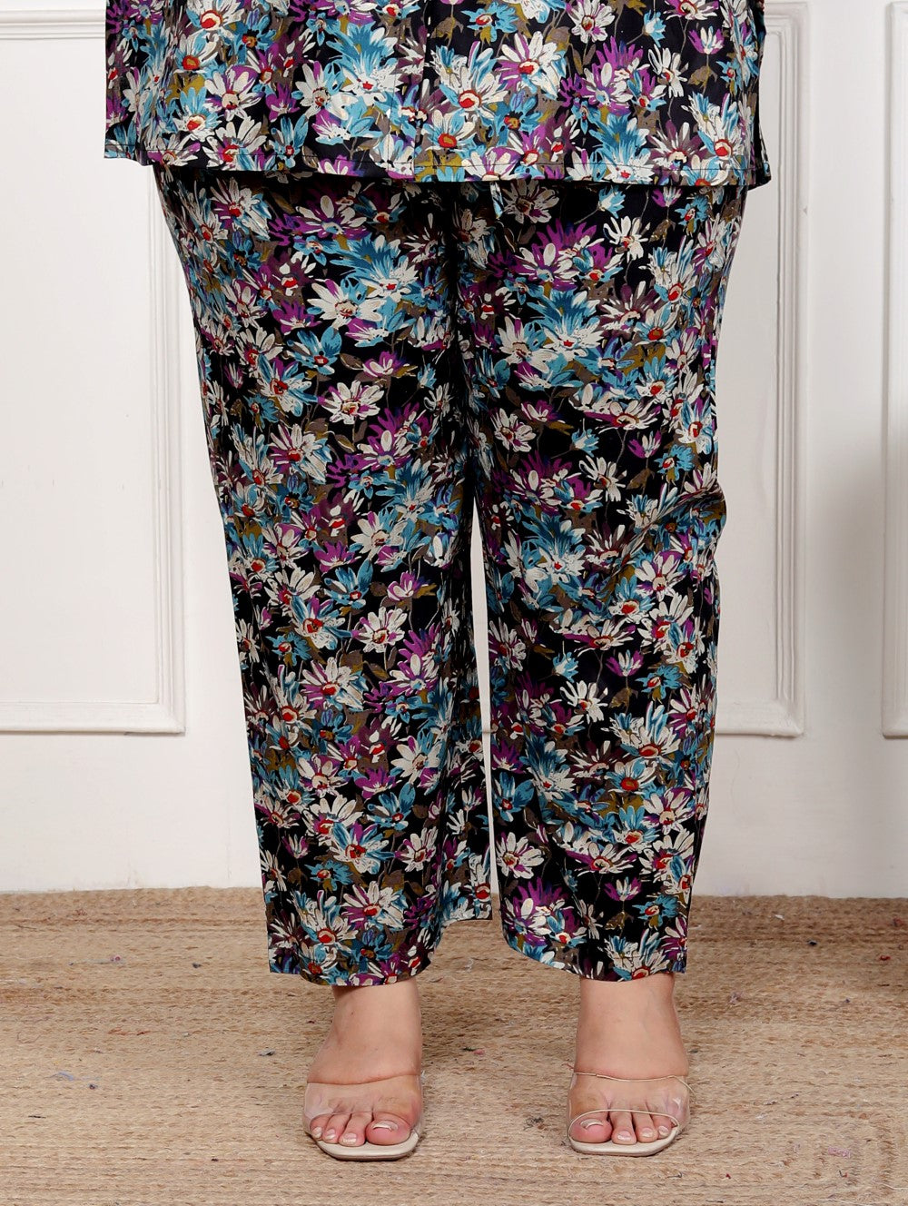 Plus Size Black Cotton Blend Floral Print Co-ord Set -1200040