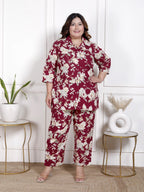 Plus Size Maroon Cotton Blend Floral Print Co-ord Set -1200041