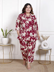 Plus Size Maroon Cotton Blend Floral Print Co-ord Set -1200041