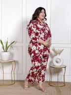 Plus Size Maroon Cotton Blend Floral Print Co-ord Set -1200041