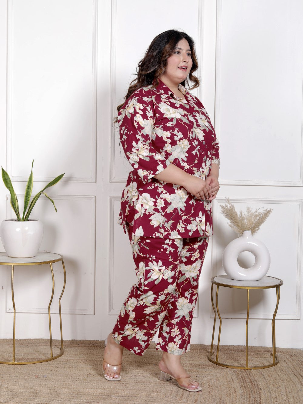 Plus Size Maroon Cotton Blend Floral Print Co-ord Set -1200041