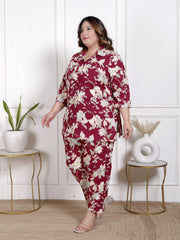 Plus Size Maroon Cotton Blend Floral Print Co-ord Set -1200041
