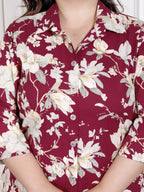 Plus Size Maroon Cotton Blend Floral Print Co-ord Set -1200041