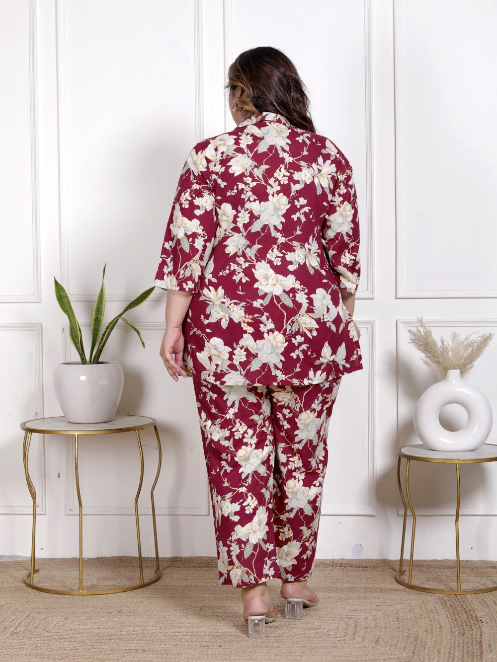 Plus Size Maroon Cotton Blend Floral Print Co-ord Set -1200041
