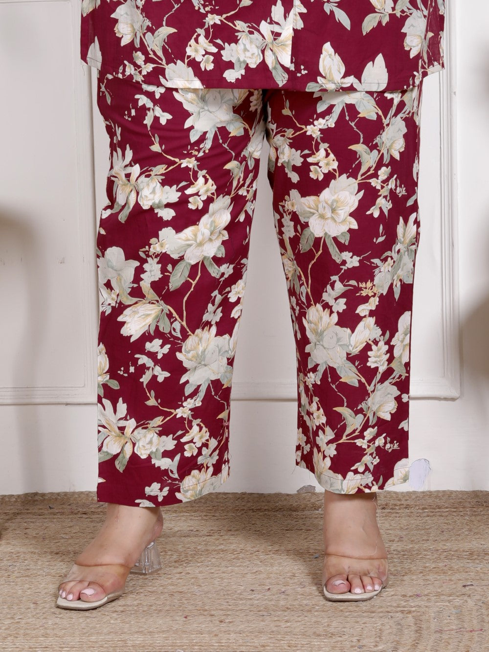 Plus Size Maroon Cotton Blend Floral Print Co-ord Set -1200041