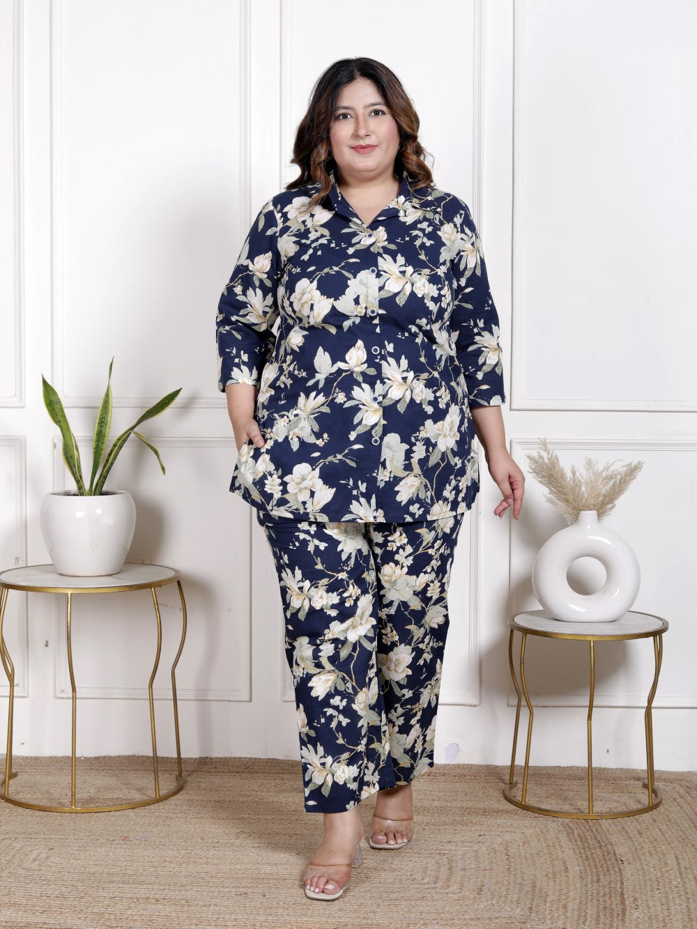 Plus Size Blue Cotton Floral Print Co-ord Set -1200042