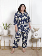 Plus Size Blue Cotton Floral Print Co-ord Set -1200042