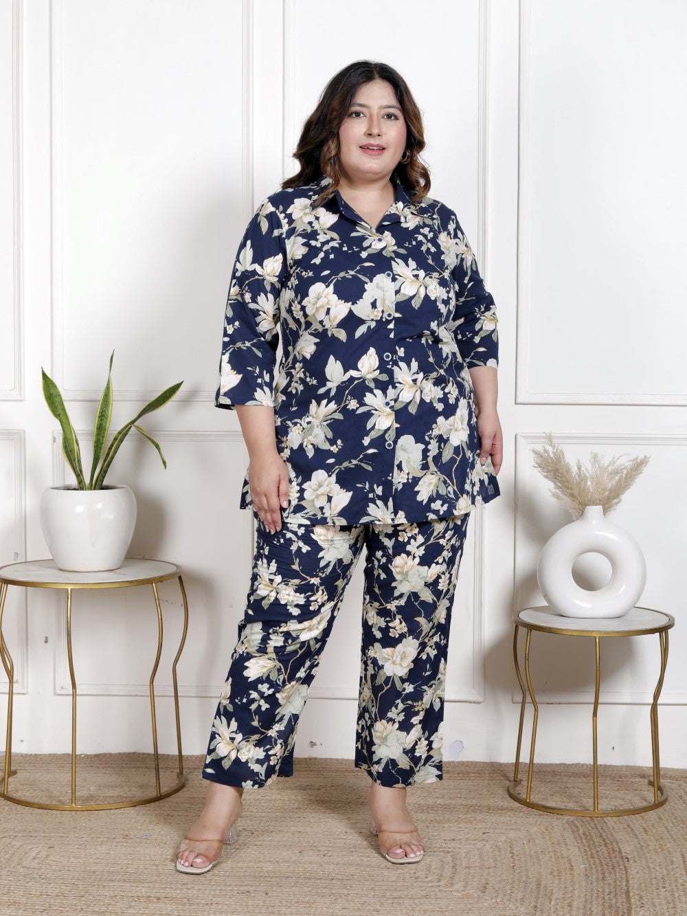 Plus Size Blue Cotton Floral Print Co-ord Set -1200042