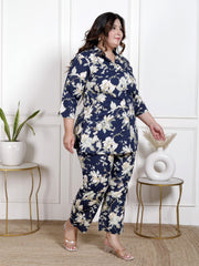 Plus Size Blue Cotton Floral Print Co-ord Set -1200042