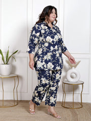 Plus Size Blue Cotton Floral Print Co-ord Set -1200042