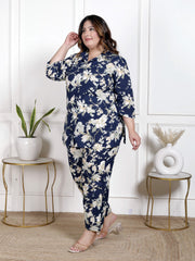 Plus Size Blue Cotton Floral Print Co-ord Set -1200042