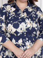 Plus Size Blue Cotton Floral Print Co-ord Set -1200042