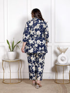 Plus Size Blue Cotton Floral Print Co-ord Set -1200042