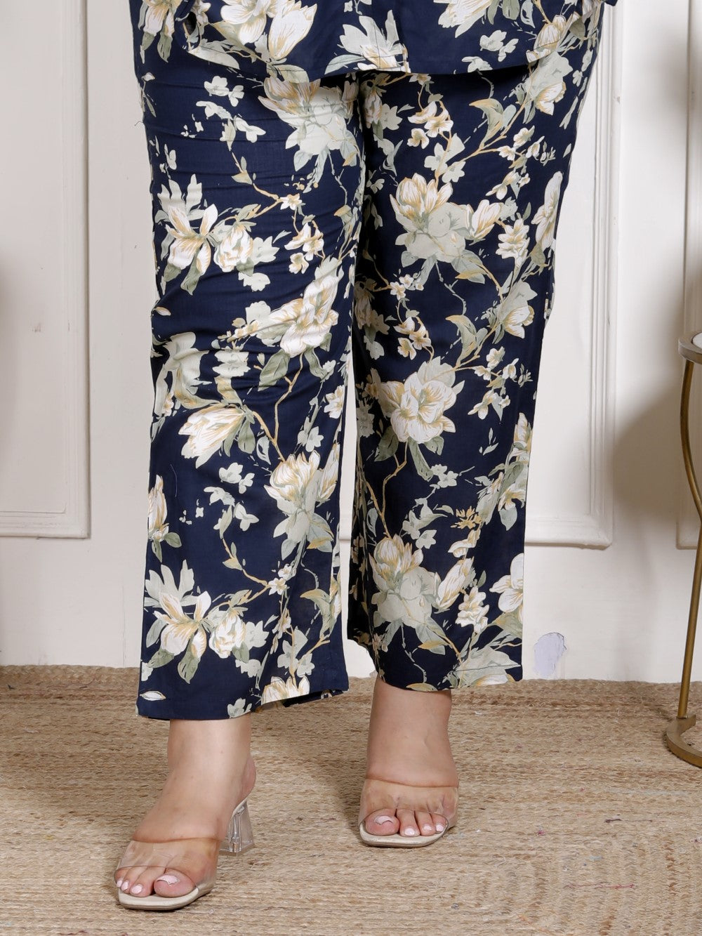 Plus Size Blue Cotton Floral Print Co-ord Set -1200042