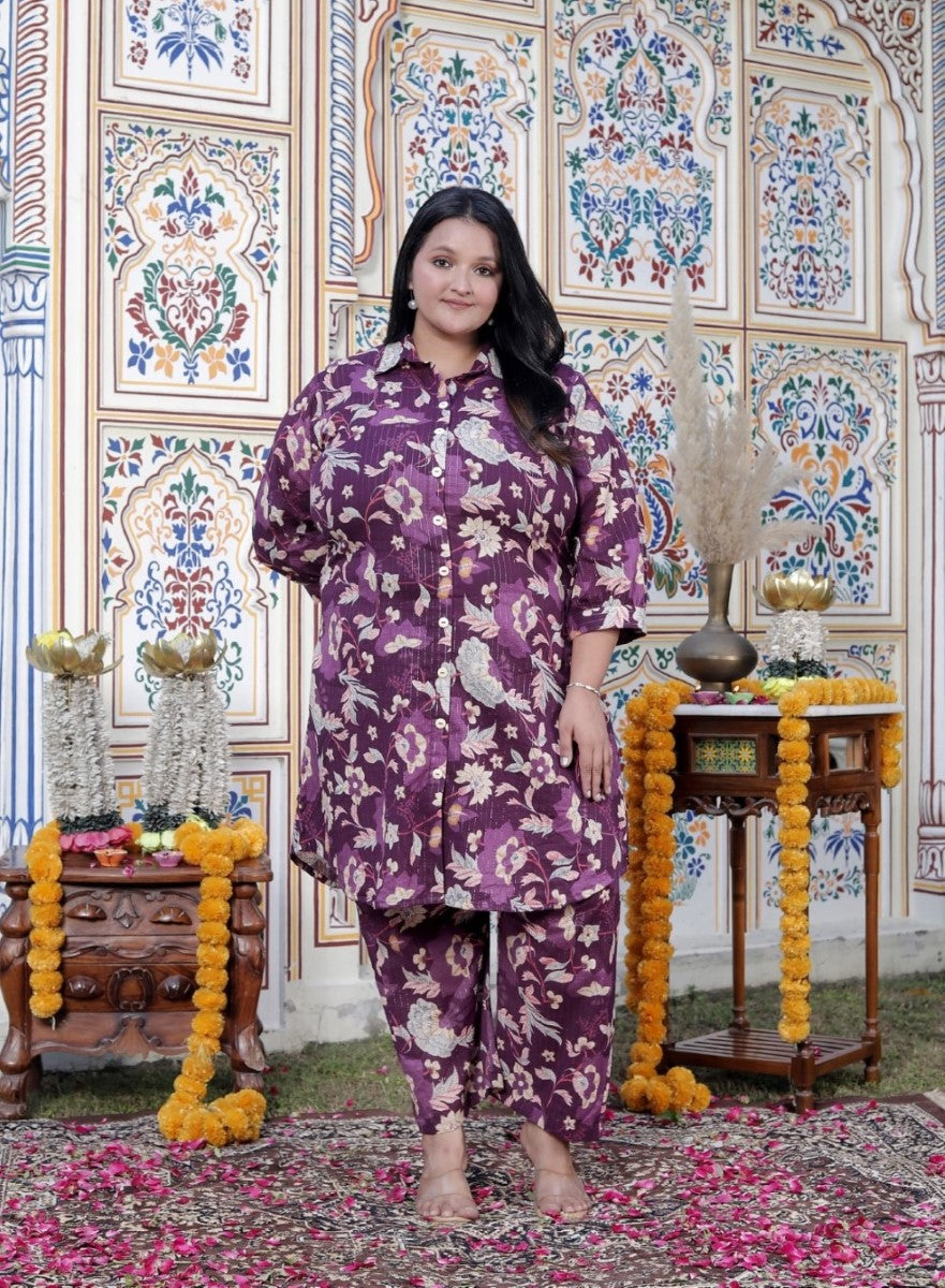 Plus Size Purple Cotton Floral Print Co-ord Set -120043