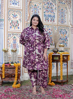 Plus Size Purple Cotton Floral Print Co-ord Set -120043