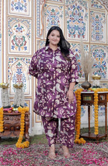 Plus Size Purple Cotton Floral Print Co-ord Set -120043