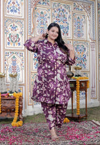Plus Size Purple Cotton Floral Print Co-ord Set -120043