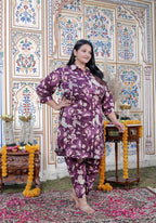 Plus Size Purple Cotton Floral Print Co-ord Set -120043