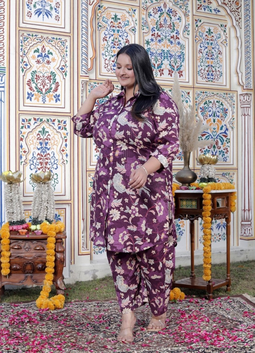 Plus Size Purple Cotton Floral Print Co-ord Set -120043