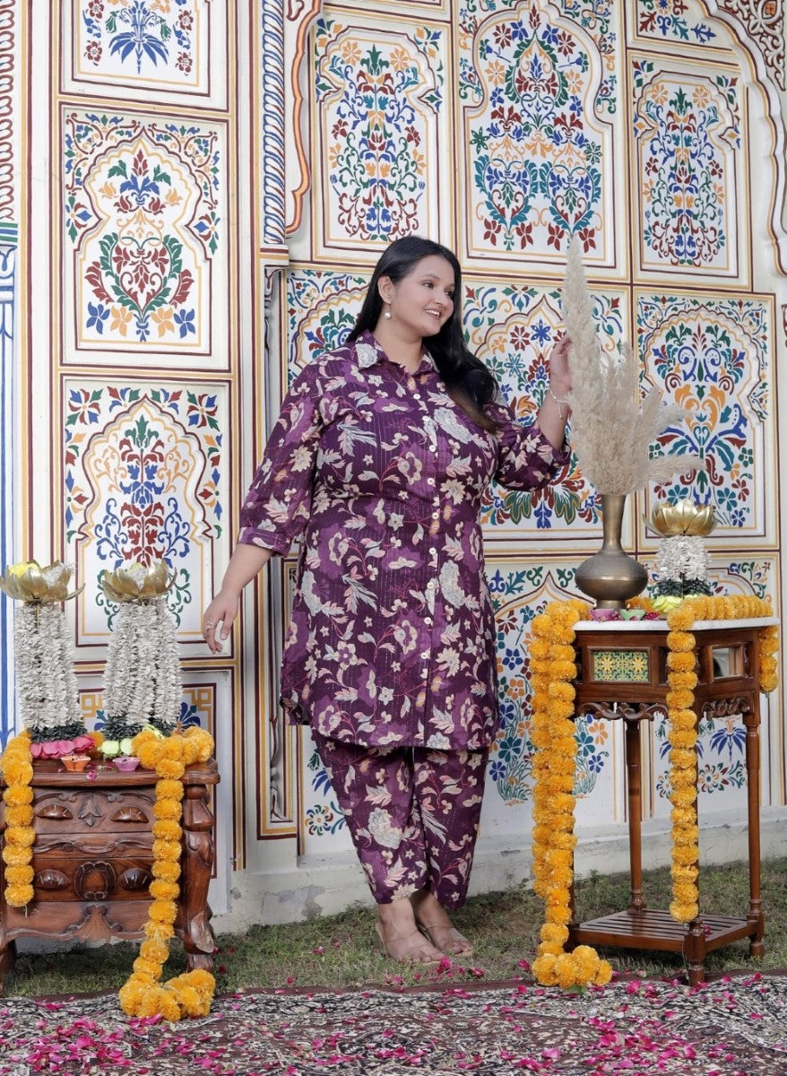 Plus Size Purple Cotton Floral Print Co-ord Set -120043