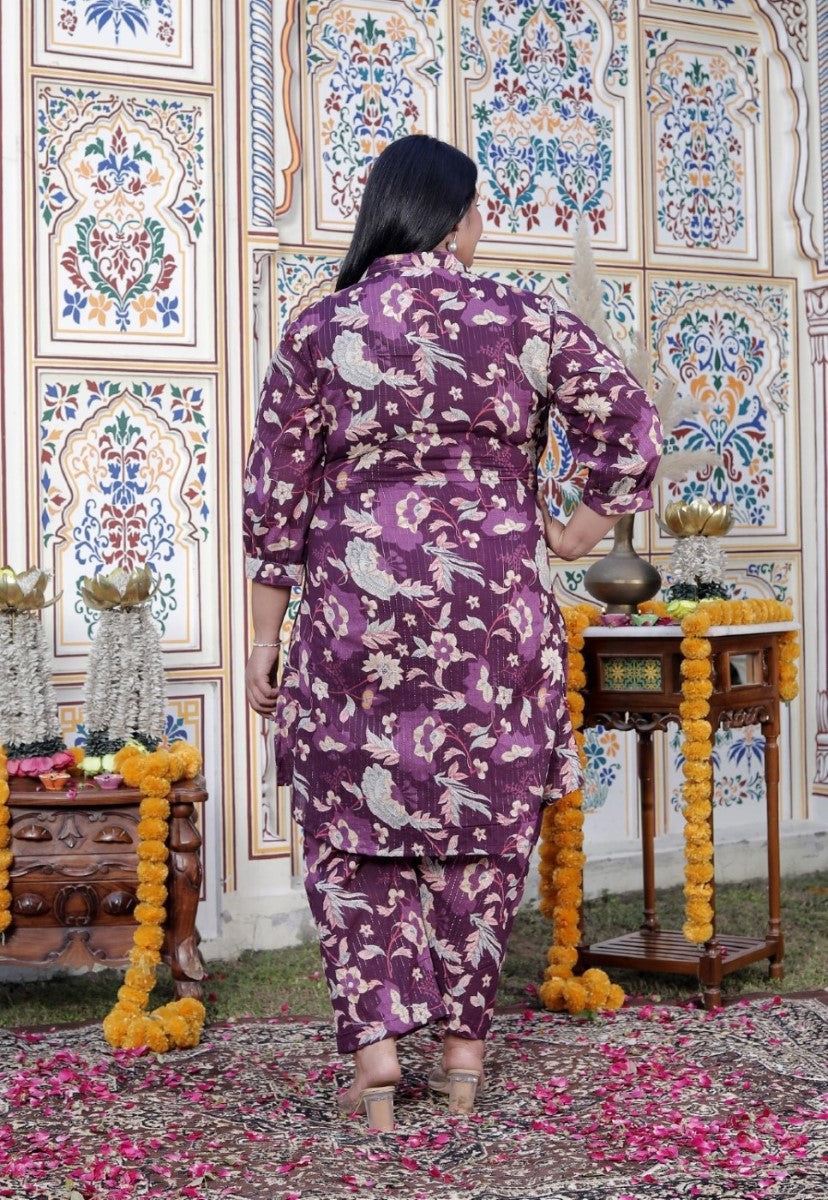 Plus Size Purple Cotton Floral Print Co-ord Set -120043