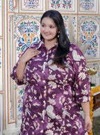 Plus Size Purple Cotton Floral Print Co-ord Set -120043