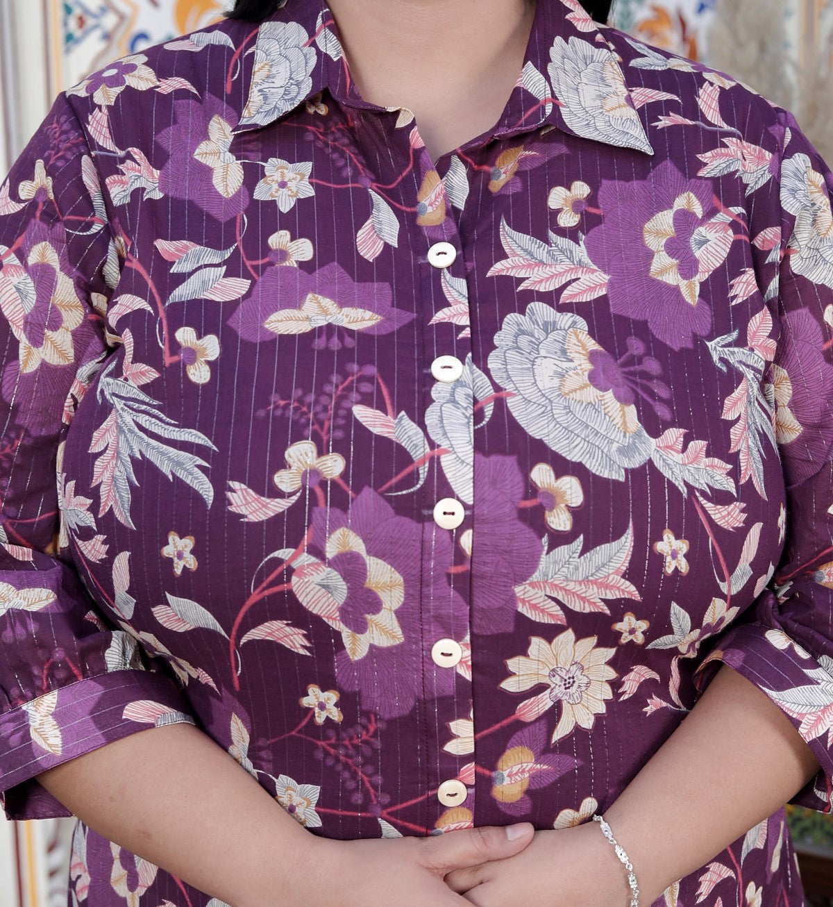 Plus Size Purple Cotton Floral Print Co-ord Set -120043