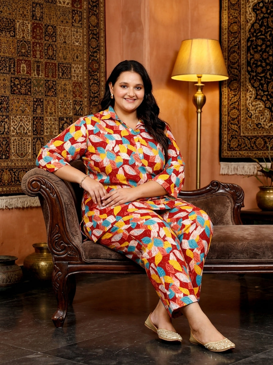 Rust Cotton Floral Print Plus Size Co-ord Set-1200012