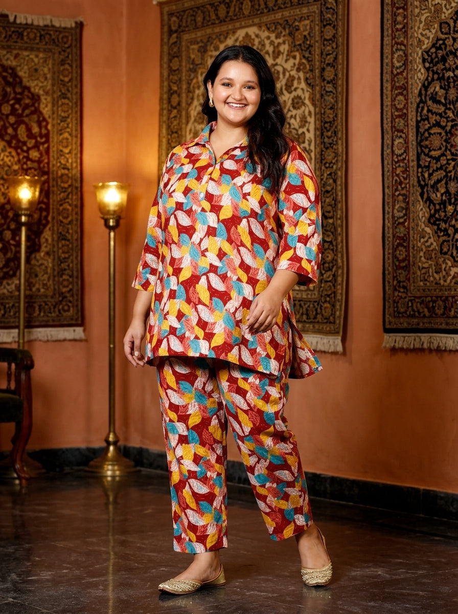 Rust Cotton Floral Print Plus Size Co-ord Set-1200012