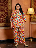 Rust Cotton Floral Print Plus Size Co-ord Set-1200012