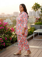 Pink Cotton Floral Print Co-ord Set Plus Size-1200014