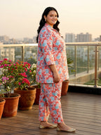 Pink Cotton Floral Print Co-ord Set Plus Size-1200014