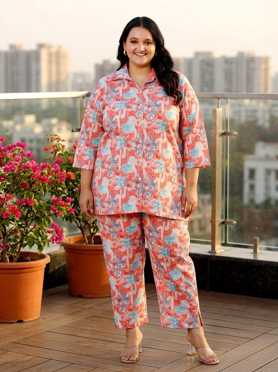 Pink Cotton Floral Print Co-ord Set Plus Size-1200014