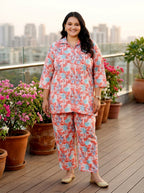 Pink Cotton Floral Print Co-ord Set Plus Size-1200014