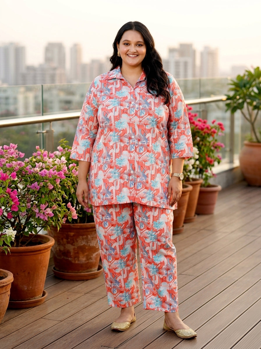 Pink Cotton Floral Print Co-ord Set Plus Size-1200014