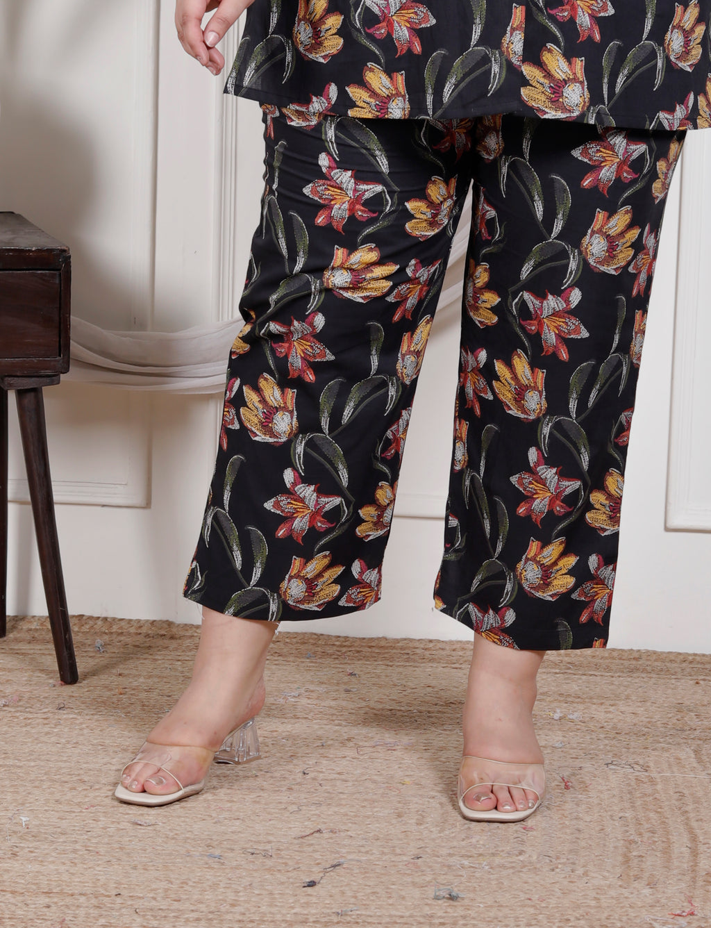 Plus Size Black Cotton Floral Print Co-ord Set-1200025
