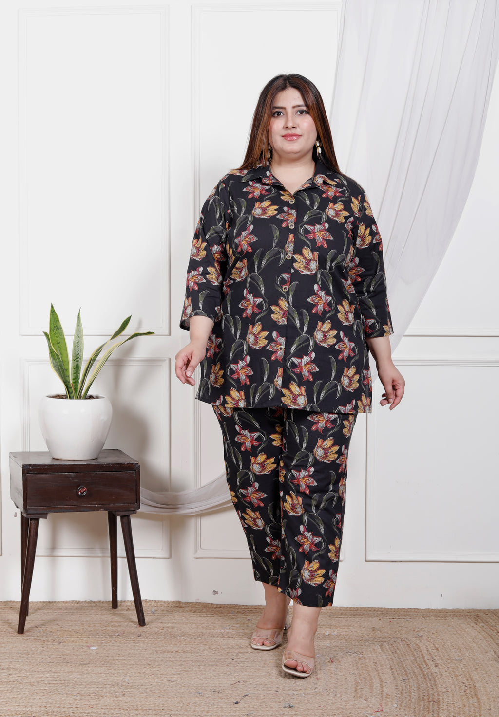 Plus Size Black Cotton Floral Print Co-ord Set-1200025