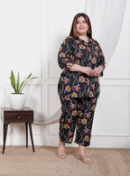 Plus Size Black Cotton Floral Print Co-ord Set-1200025