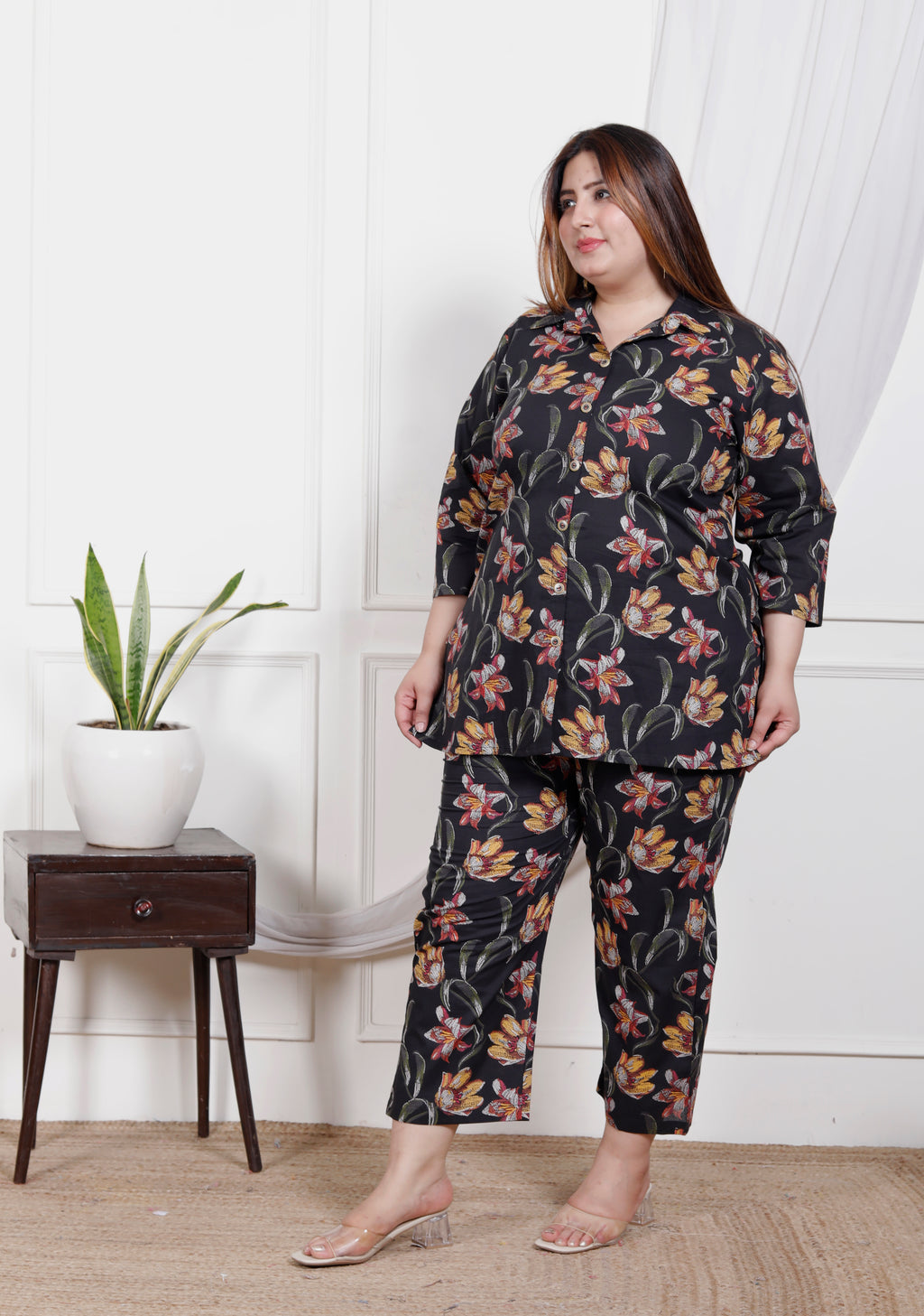 Plus Size Black Cotton Floral Print Co-ord Set-1200025