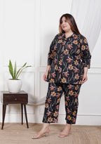 Plus Size Black Cotton Floral Print Co-ord Set-1200025