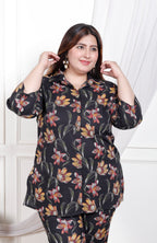 Plus Size Black Cotton Floral Print Co-ord Set-1200025