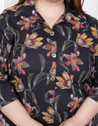 Plus Size Black Cotton Floral Print Co-ord Set-1200025