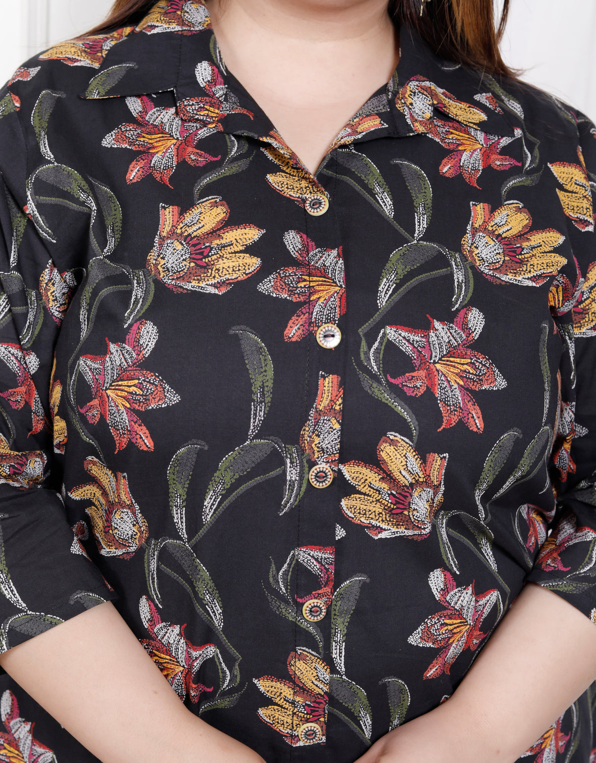 Plus Size Black Cotton Floral Print Co-ord Set-1200025