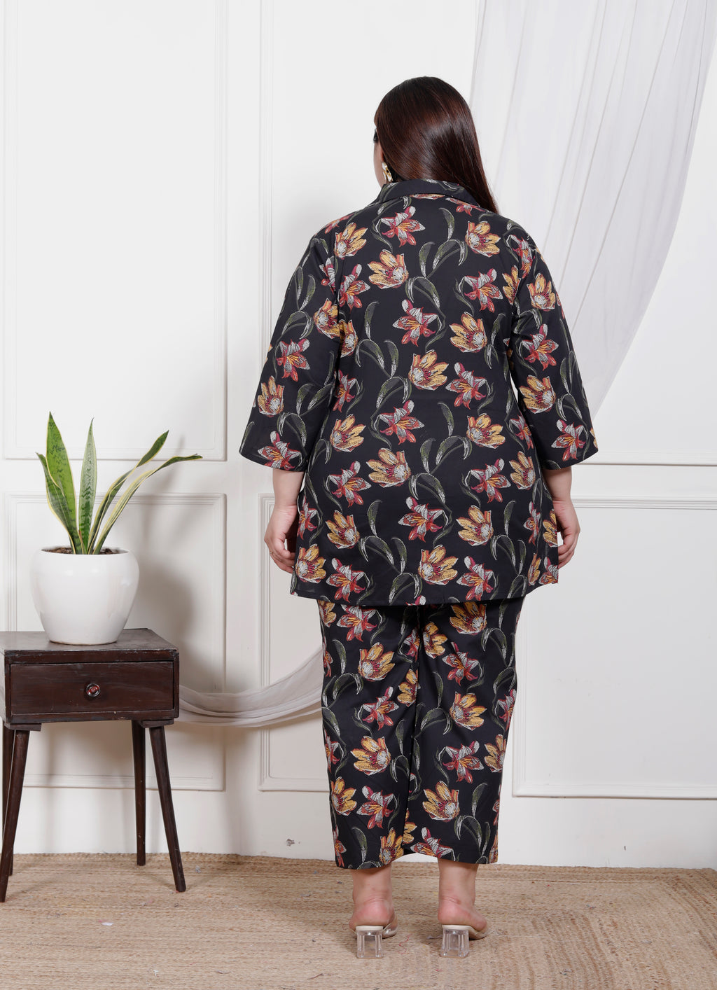 Plus Size Black Cotton Floral Print Co-ord Set-1200025