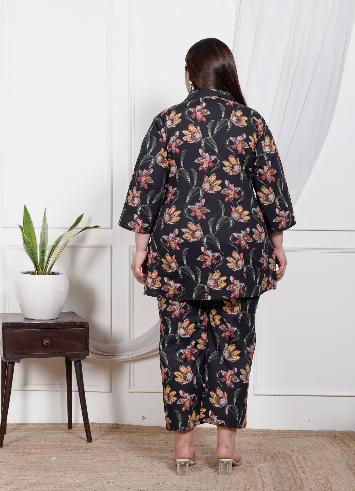Plus Size Black Cotton Floral Print Co-ord Set-1200025
