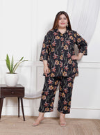 Plus Size Black Cotton Floral Print Co-ord Set-1200025